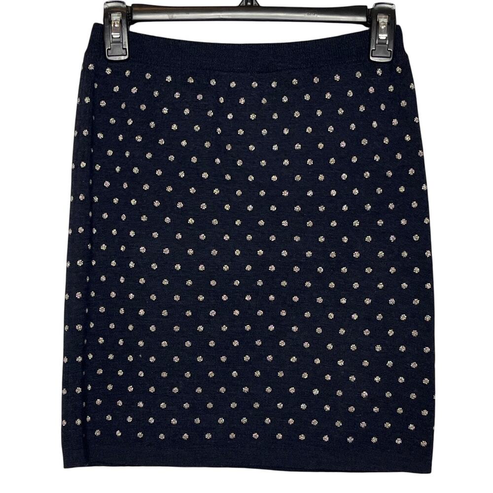 Club Monaco XS Wool‎ Blend Navy Blue Sweater Skirt with Silver Metallic Holiday